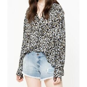 Zadig & Voltaire Tink Leo Leopard Blue Green Oversized Crinkle Blouse M